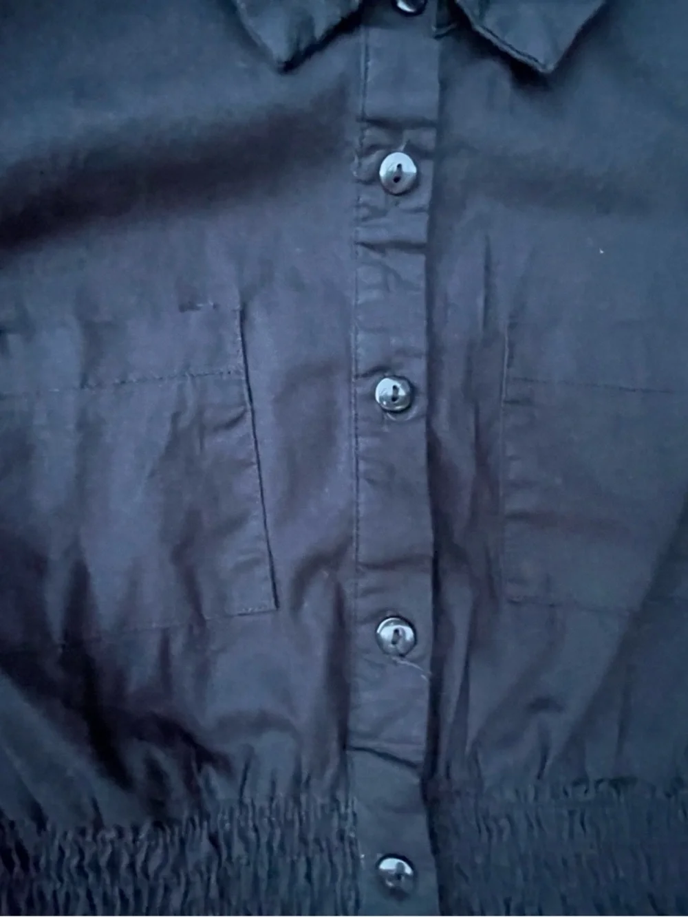 Black Button-Front Shirtdress with Smocked Waist‎